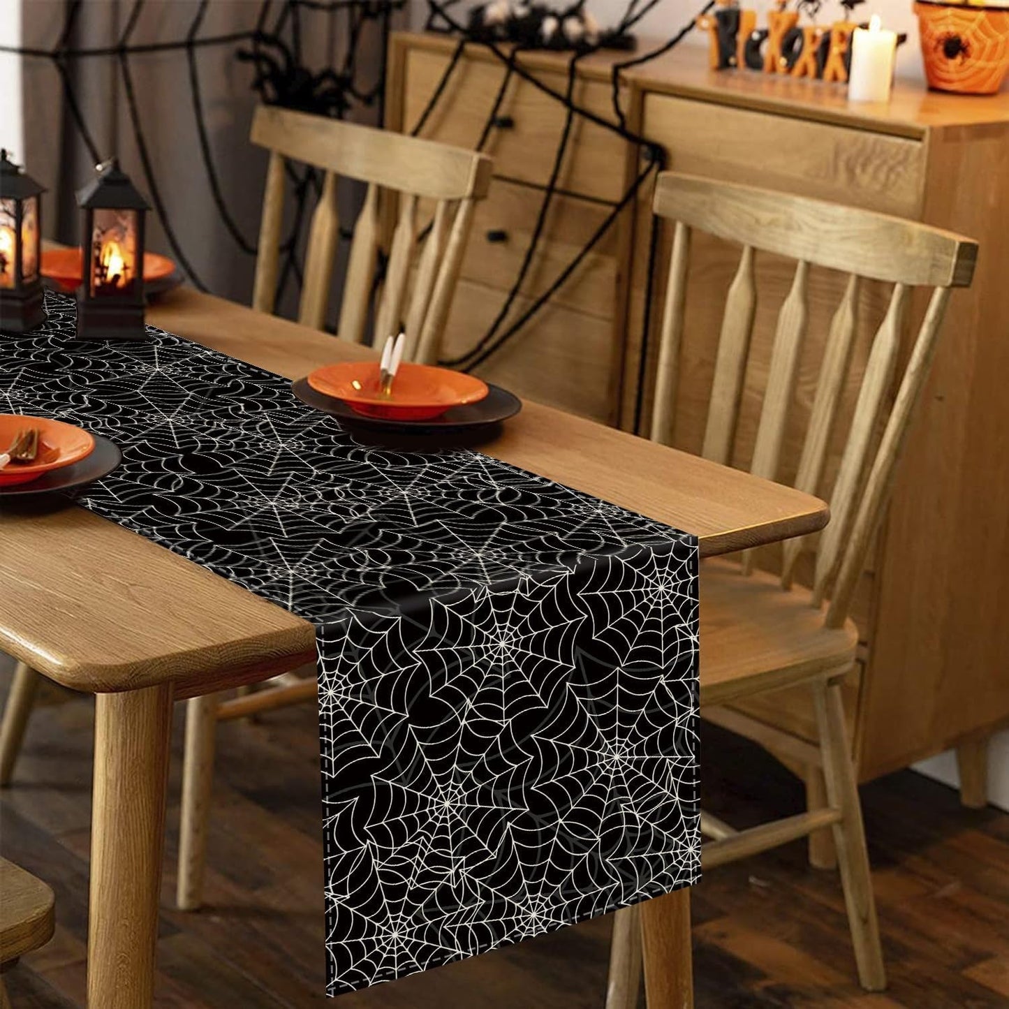 Halloween Table Runner Spider Web Black Linen Table Runners for Seasonal Holidays Indoor Outdoor Kitchen Dining Party Home Decor 13 x 108 Inch