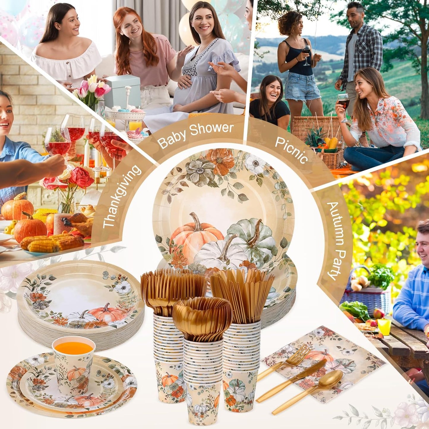 350 Pcs Thanksgiving Fall Party Supplies Dinnerware Set Disposable Plates Napkins Paper Cups Plastic Cutlery for Autumn Thanksgiving Harvest Party Decor Serves 50 (Pumpkin Floral)
