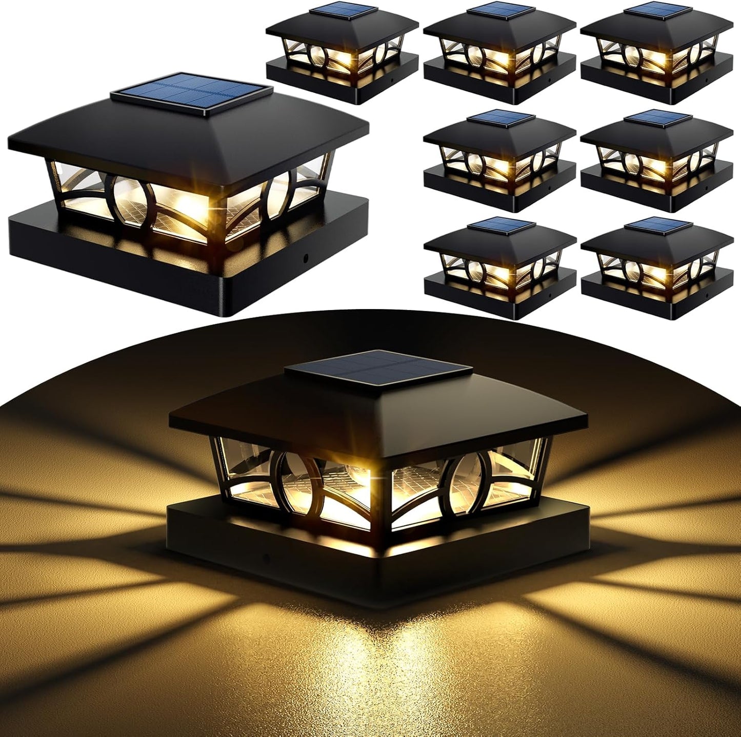 NIORSUN Solar Post Lights Outdoor, Fence Post Solar Lights Warm White Outdoor Waterproof Edison LED Bulbs Garden Patio Fence Deck Decor, Post Cap Lights 4x4 Wood Vinyl, Black 8 Pack