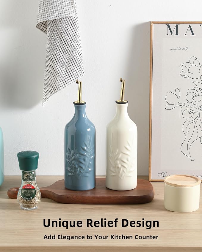 Sweejar Ceramic Olive Oil Dispenser Bottle 20 Oz Relief Opaque Oil Cruet Protects To Reduce Oxidation Suitable for Storage Vinegar, Soy Sauce, Coffee Syrup, Liquids, Set of 1 (Beige Gold Spout)
