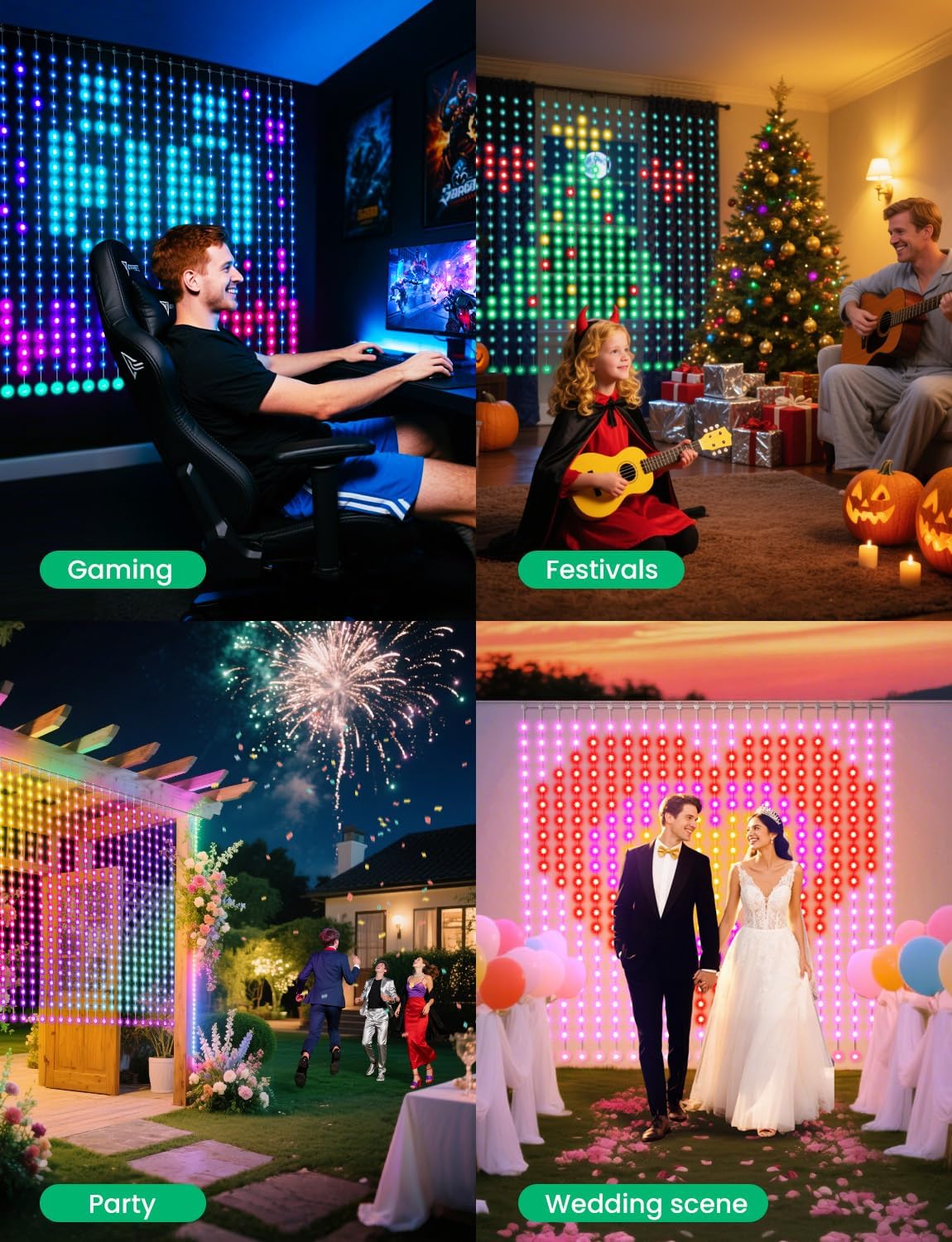 Smart LED Curtain Lights, RGB+IC Color Changing Holiday Wall Lights, 6.6x6.6ft 400 LEDs, Indoor Dynamic DIY String Lights, APP Remote Control, for Bedroom, Living Room, Window Decor, Party, Wedding