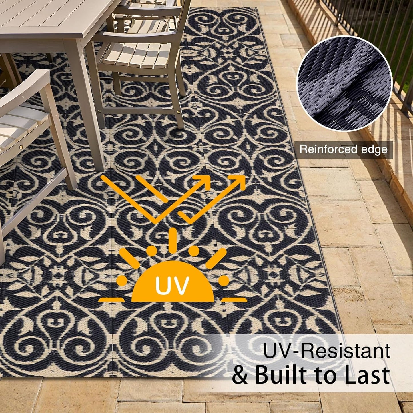 OLANLY Outdoor Rug Waterproof 5x8 ft Clearance, Reversible Outdoor Plastic Straw Rug with Floral Pattern, RV Mat for Patio, Camping, Balcony, Deck, Backyard, Black & Beige