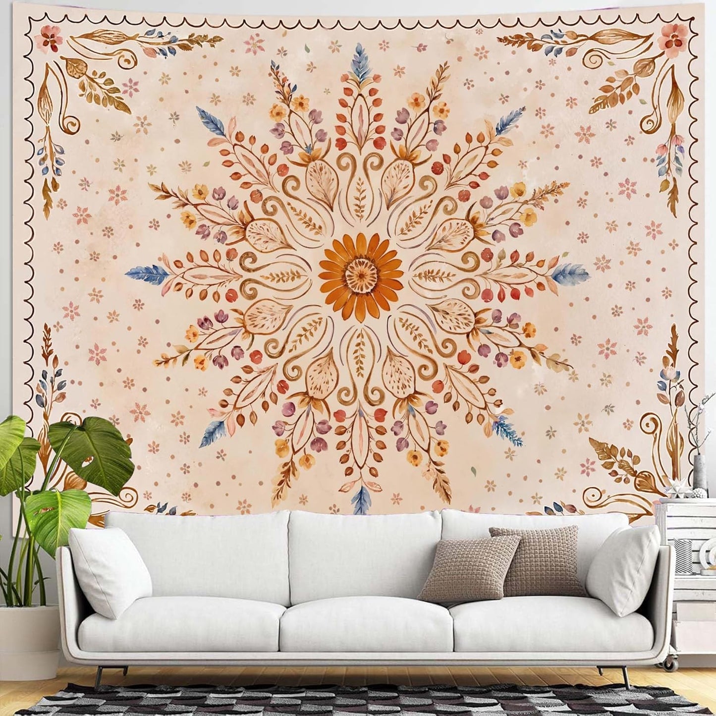 Fowocu Boho Floral Mandala Tapestry for Bedroom Aesthetic Watercolor Bohemian Flower Wall Tapestry Brown Beige Hippie Indian Extra Large Tapestries Wall Hanging for Living Room Dorm Decor 90 x 68 Inch