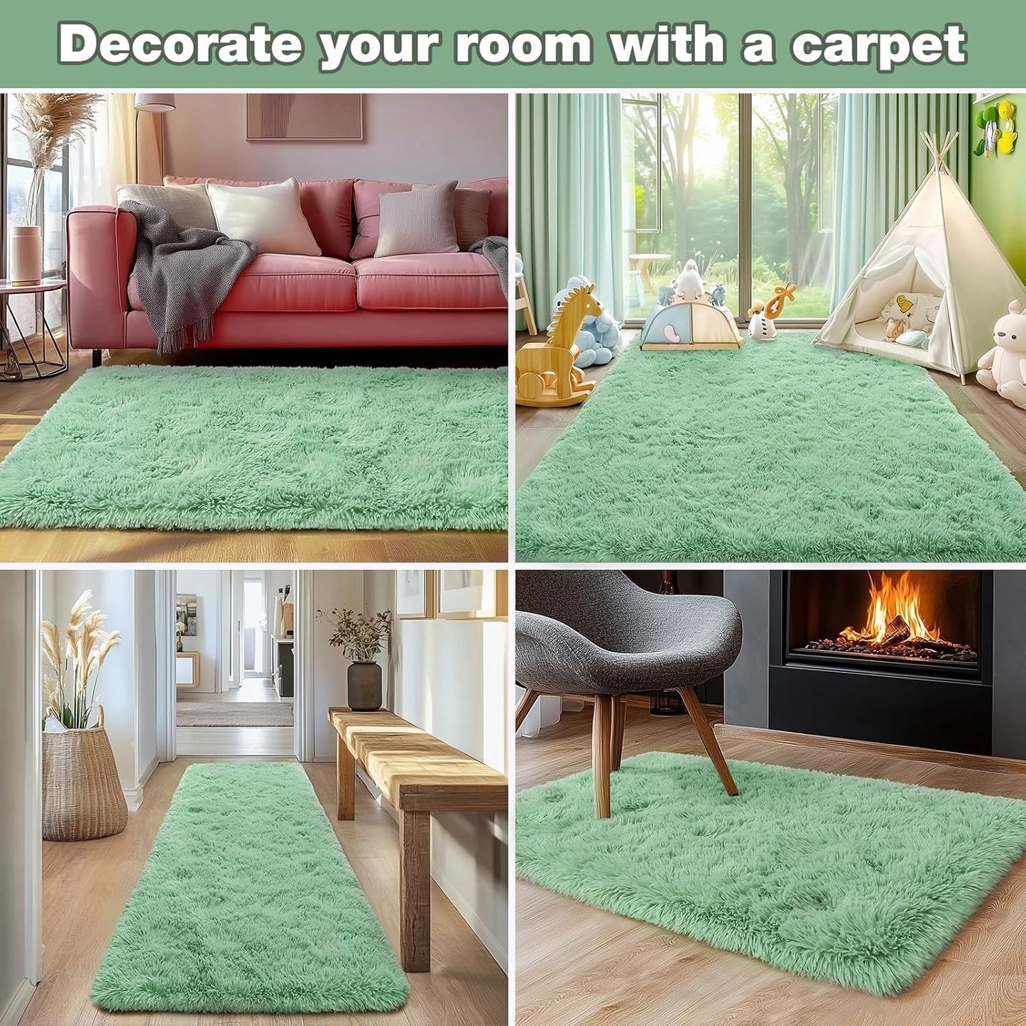 Rezutan Rugs for Living Room, Area Rug 6x9 Fluffy Rug Carpet, Soft Shaggy Modern Floor for Kids Boys Girls Bedroom, Plush Fuzzy Dorm Rug,Sage Green
