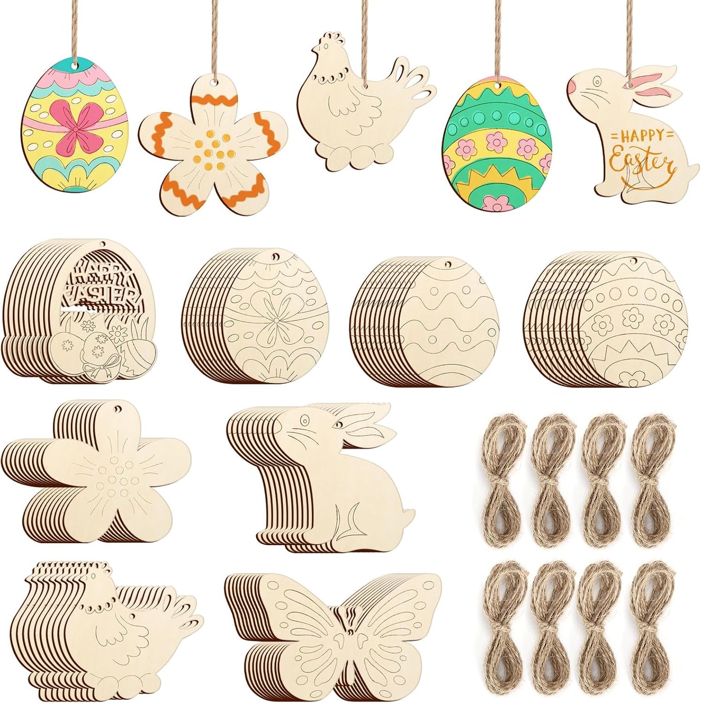 80PCS Wooden Easter Ornaments to Paint, 8 Styles DIY Blank Unfinished Wood Cutouts Ornament for Crafts Hanging Decorations, Egg Rabbit Bunny Butterfly Flower Hen Happy Easter