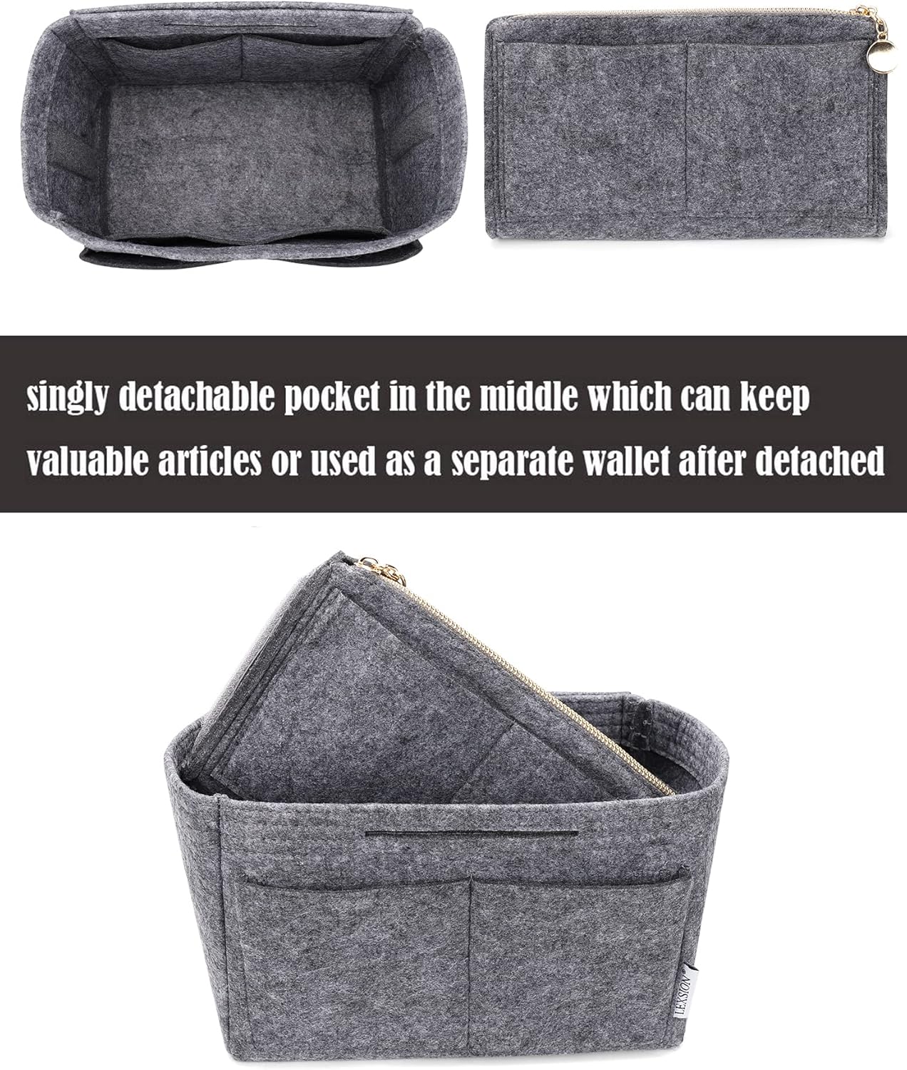LEXSION Felt Purse Bag Organizer Insert with zipper Bag Tote Shaper Fit Speedy Neverful PM MM