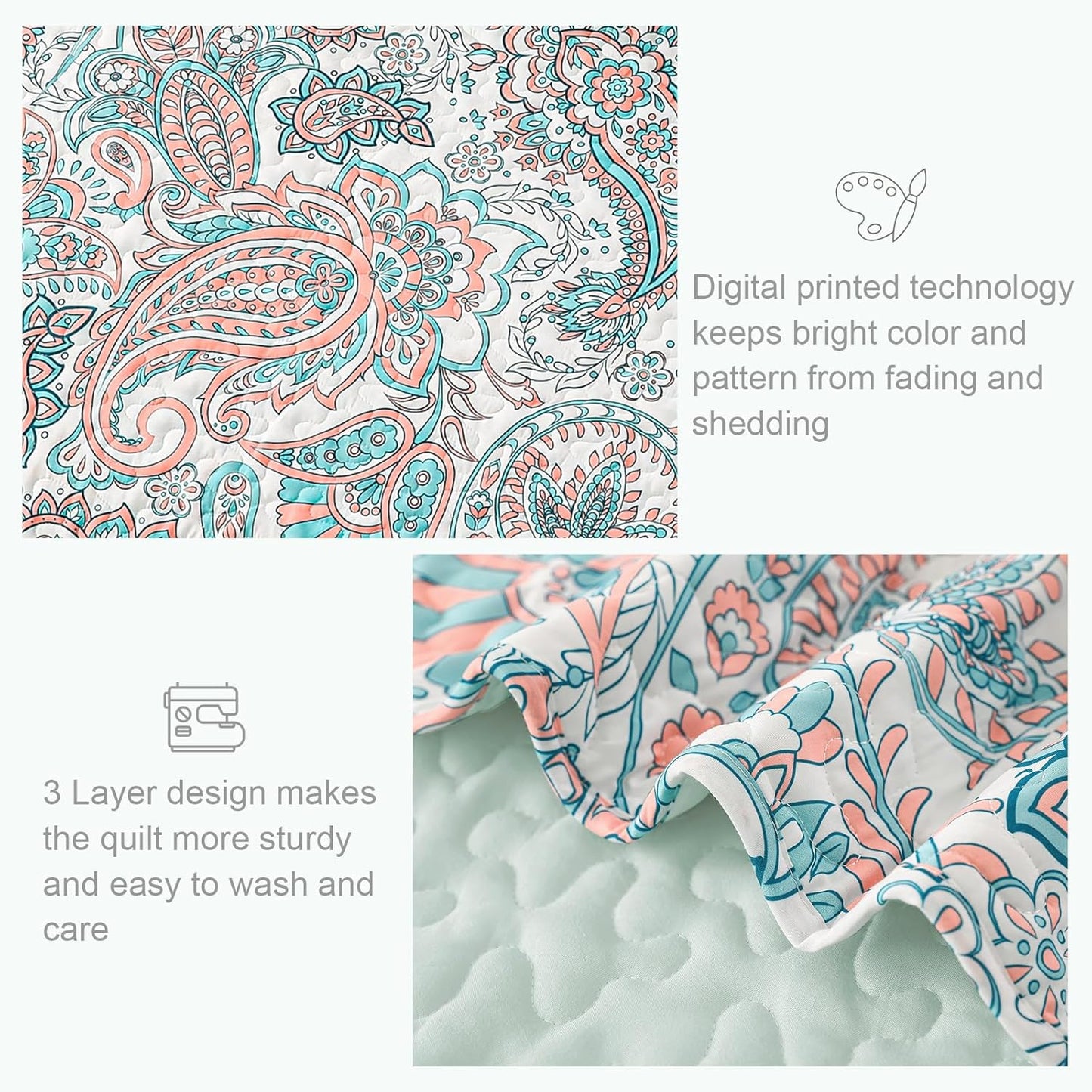 Exclusivo Mezcla Reversible Boho Quilt Set Queen Size, 3 Pieces Paisley Aqua All Season Bedspreads, Ultra Soft Floral Coverlet Bedding Set with Printed Pattern (1 Quilt, 2 Pillow Shams)