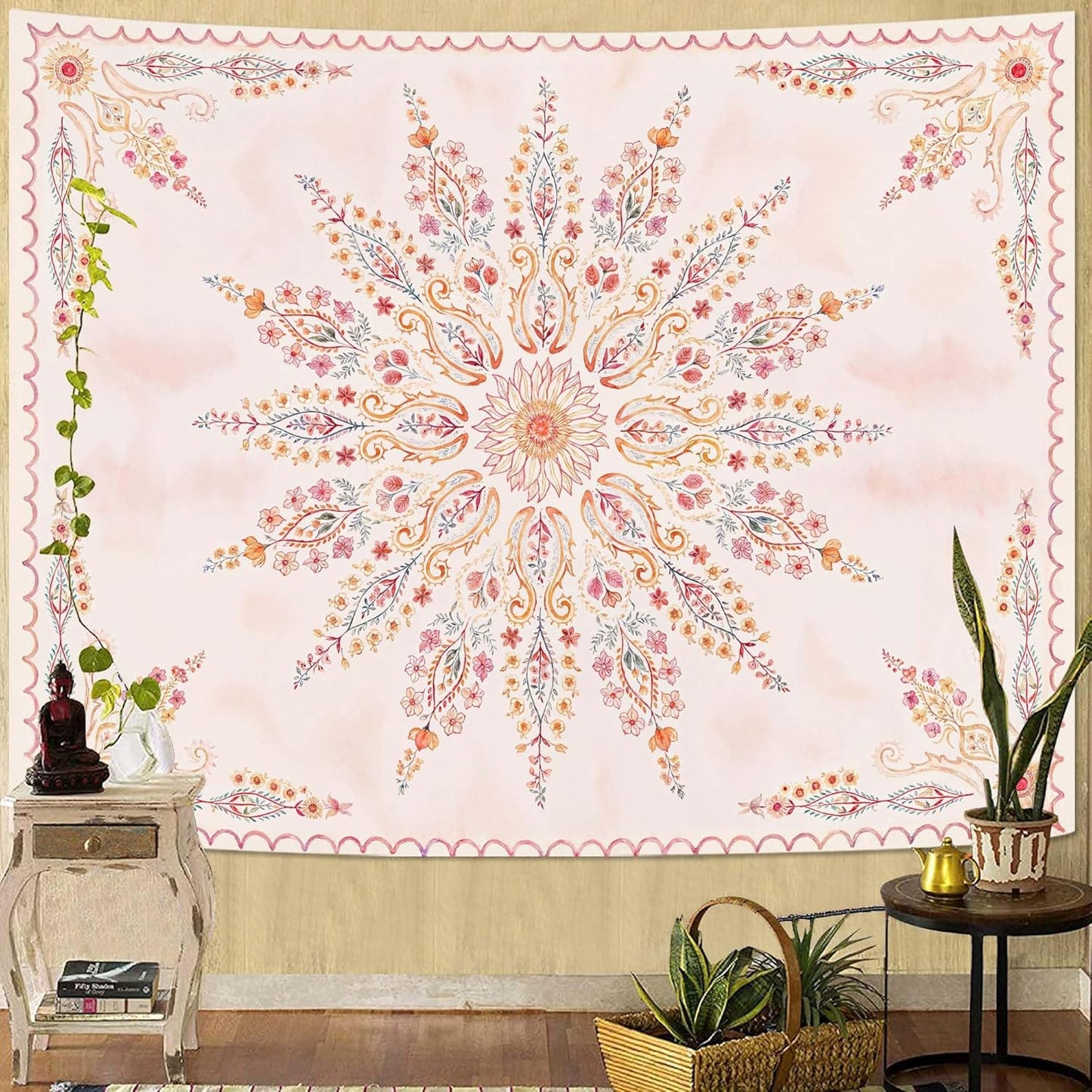 Fowocu Boho Floral Mandala Tapestry for Bedroom Aesthetic Pink Bohemian Flower Wall Tapestry Watercolor Hippie Indian Tapestries Wall Hanging for Living Room Dorm Decor 60 x 44 Inch