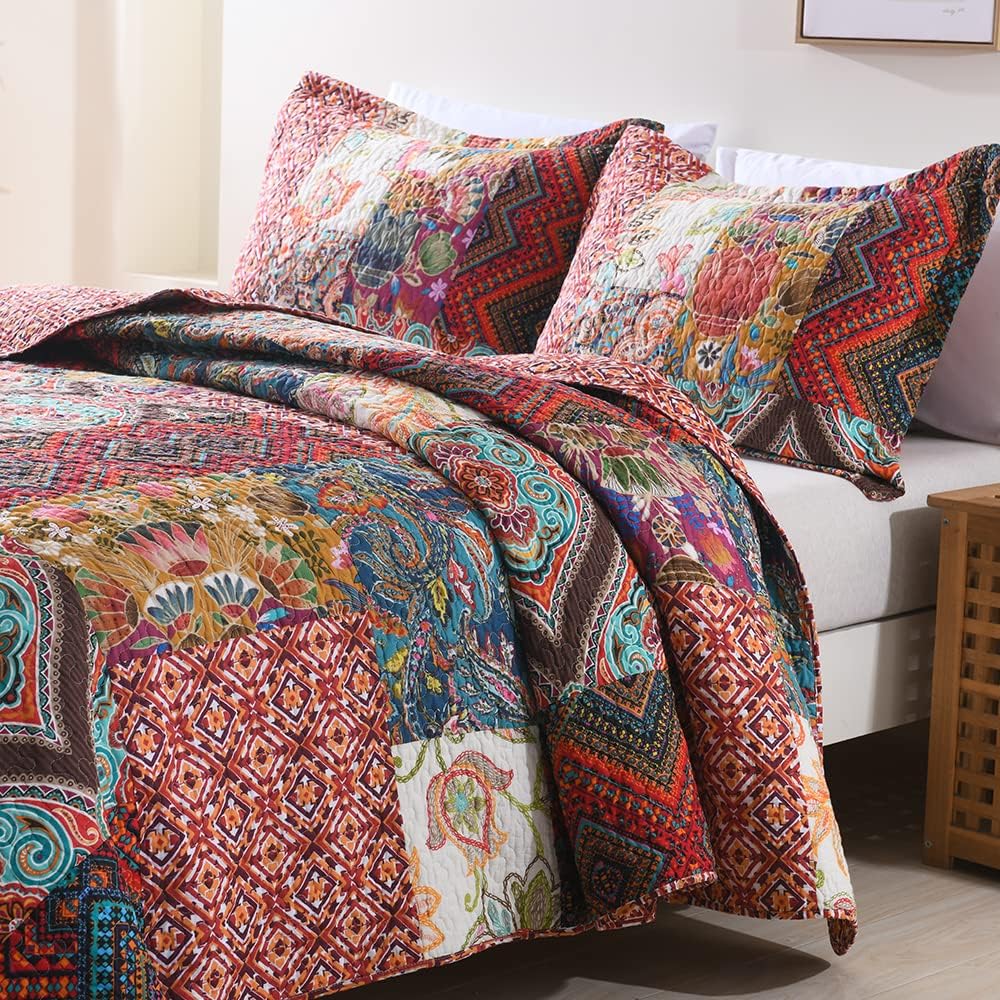 Autumn Dream Cotton Patchwork Bedspread Quilt Sets, Reversible Bedding Coverlet Sets, Red Gorgeous Vintage Pattern, QueenSize