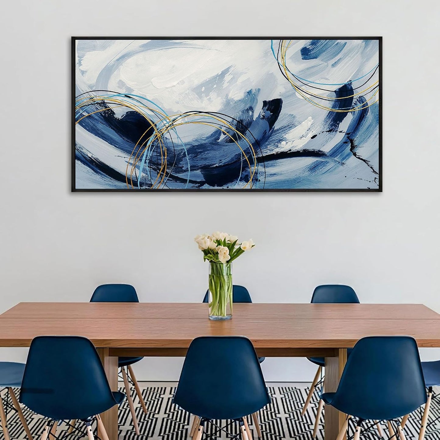 yiijeah Wall Art for Living Room - Navy Blue Large Canvas Wall Art for Farmhouse Wall Decor Abstract Paintings Modern Framed Artwork for Walls Blue and White Bedroom Office Contempor Decoration