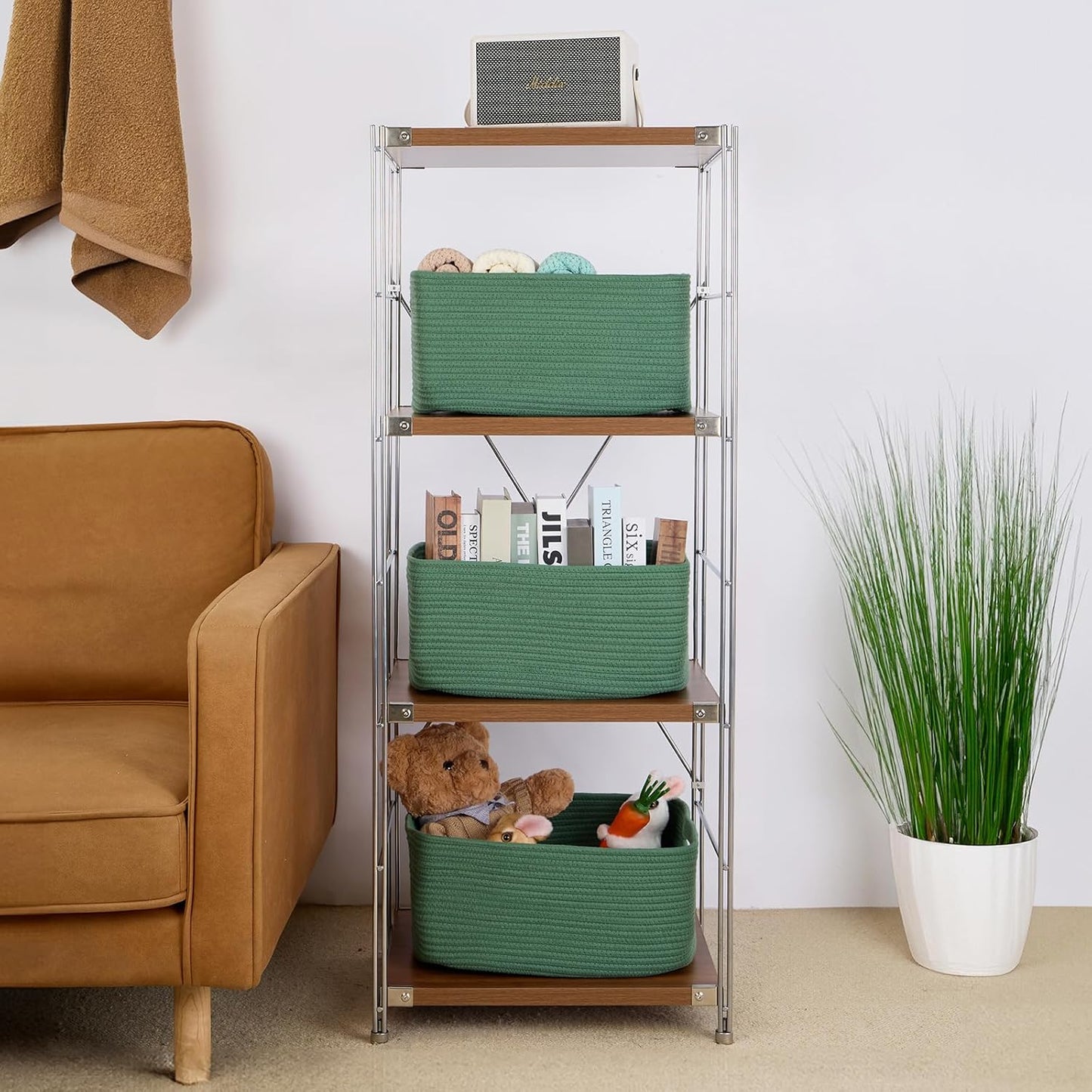 Large Storage Baskets for Organizing, Closet Shelf Baskets for Clothes Blanket Towels, Baby Nursery, Toy Bins Box, Woven Rope Baskets, 17 x 13 x 7.5”, 4 Packs Green