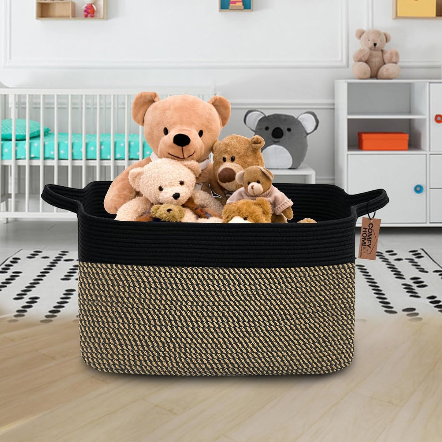 COMFY-HOMI Large Rectangular Blanket, Cotton Rope Woven for Storage, LaundryHamper, Storage,Toy Organizing Bin with Handle, Organizer and Storage-22x15x12-Black/Jute