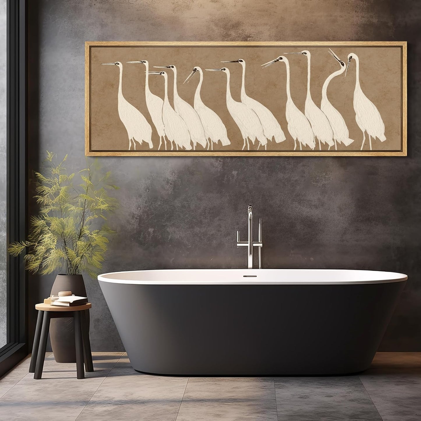 MUDECOR Large Framed Canvas Print Wall Art Minimalist White Cranes on Beige Background Antique Retro Fine Art Illustrations Decorative Colorful for Bedroom - 60"x20"