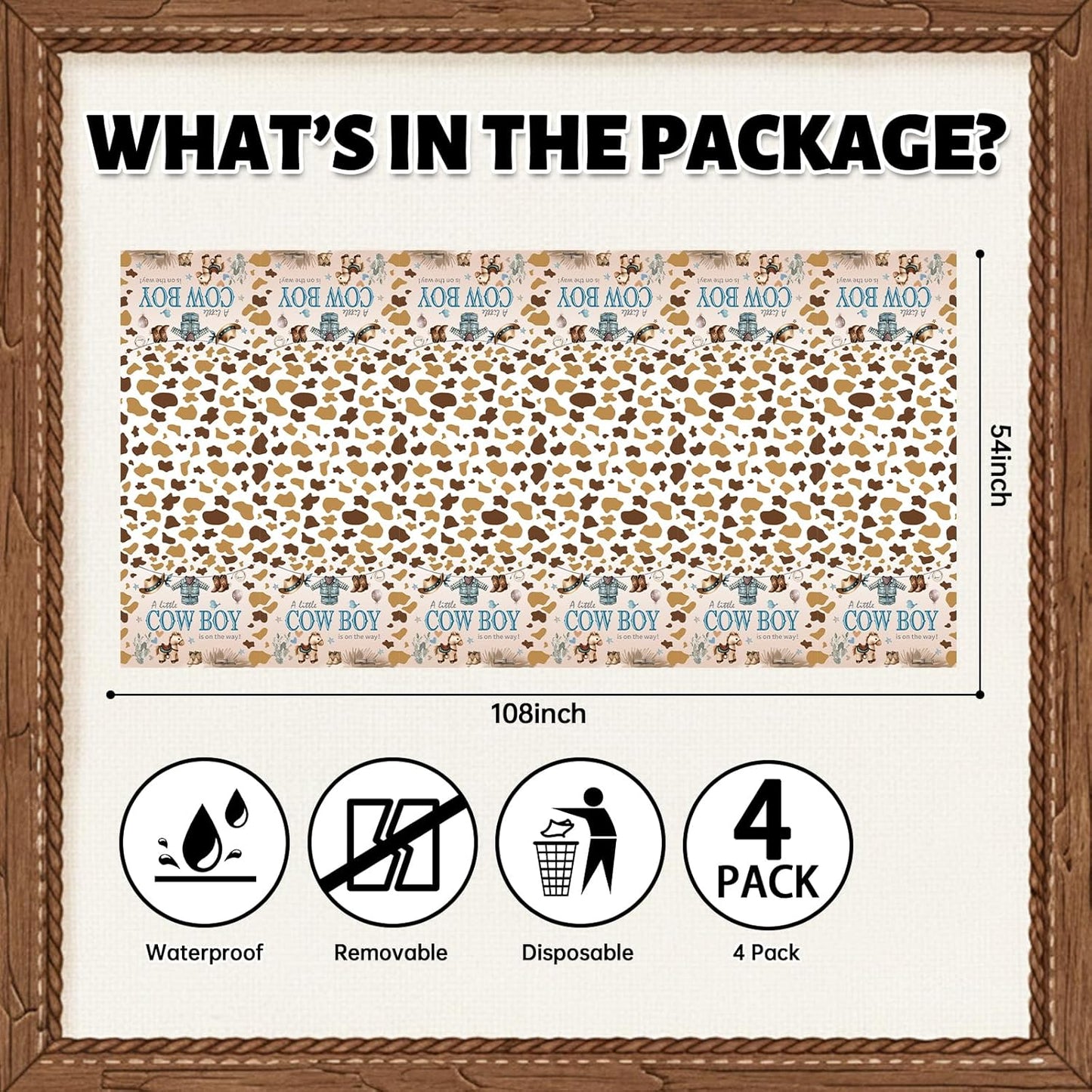 ATFUNSHOP Cowboy Baby Shower Tablecloth 4 Pack 54X108 A Little Cowboy is On The Way Western Theme Table Cover, Rustic Baby Boy Rodeo Party Decorations