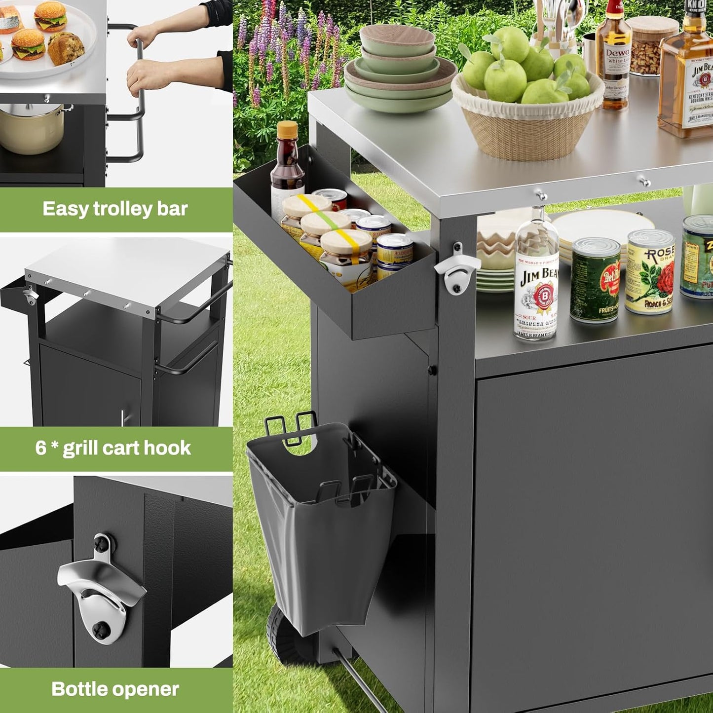 KEIKI Outdoor Grill Cart with Storage and Wheels, Rolling BBQ Prep Table with Spice Rack, Hooks, and Side Handles, Black Metal Bar Cart for Patio Kitchen and Grilling Accessories