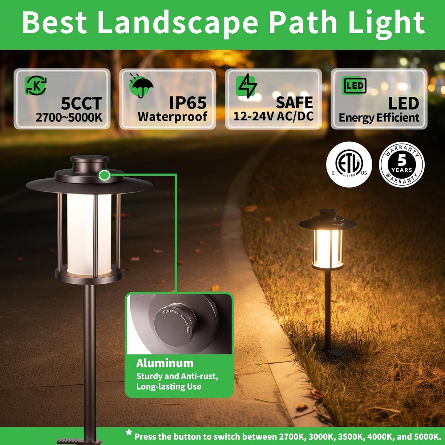 Pathway Landscaping Lighting Low Voltage, 5CCT Adjustable Setting Garden Path Light LED 12V, Outdoor Waterproof Walkway Lights, 5W 150LM ORB All Aluminum for Outside Patio Yard (10 Pack)