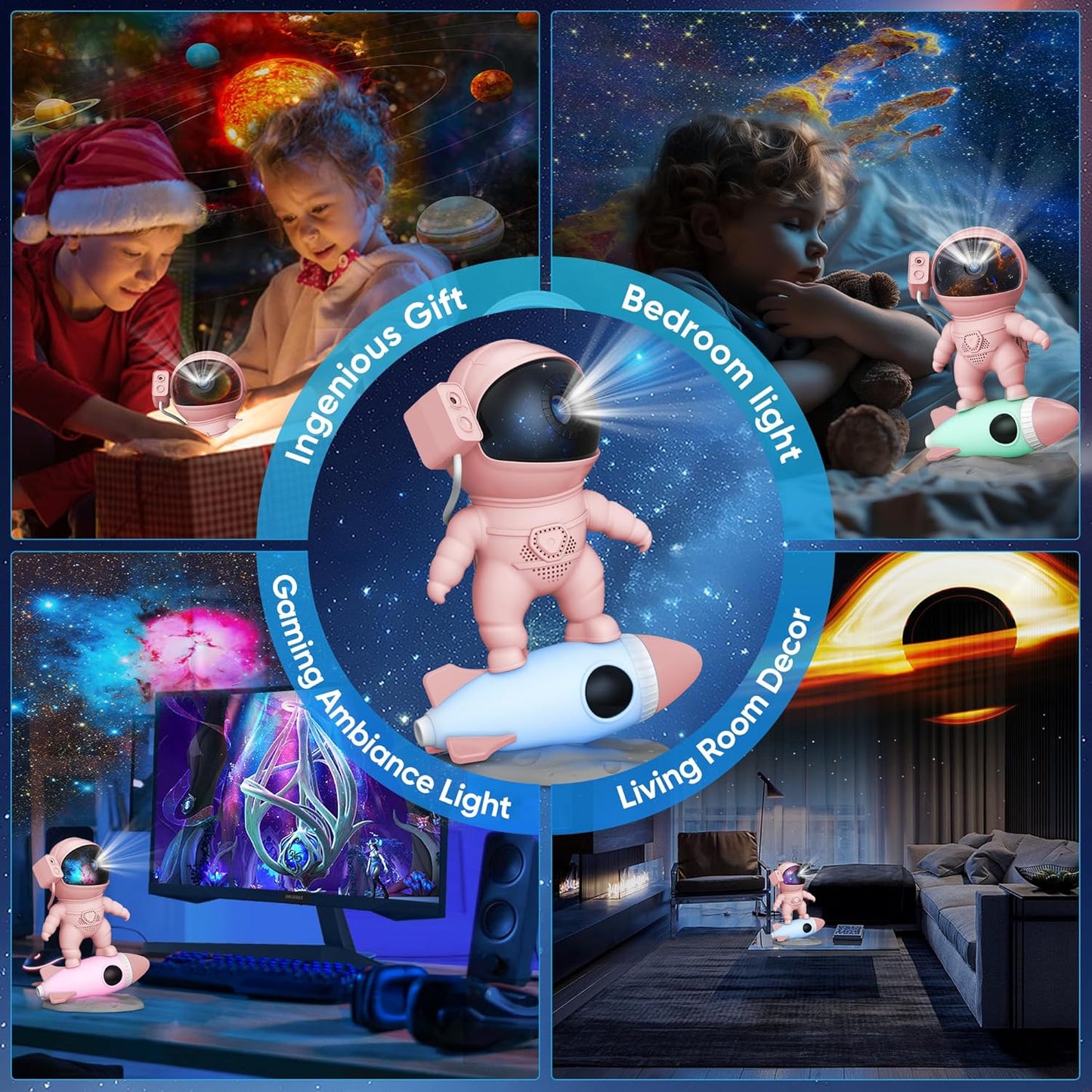 Astronaut Galaxy Projector for Bedroom with Rocket Night Light 13 Film Discs, HD Image Star Projector Galaxy Light Adjustable Knob, Planetarium Projector for Kids, 1/2h Timer Simple 4-Button Control