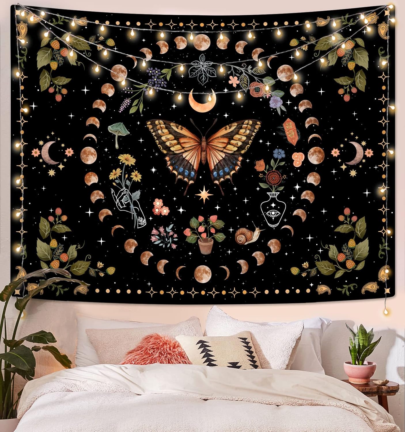 Aipon Yellow Butterfly Moon Flower Tapestry Botanical Floral Plant Boho Tapestry for Bedroom Aesthetic Vintage Tapestries Wall Hanging for Living Room Dorm (60.00'' × 80.00'', Yellow)