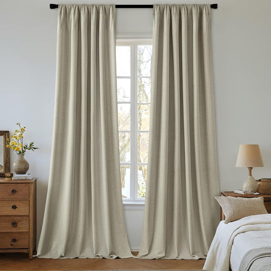 MIULEE 100% Blackout Curtains 102 Inch Long 2 Panels Set for Bedroom, Thick Luxury Faux Linen Black Out Curtain Room Darkening Back Tab Pleat Window Textured Drapes with Hooks for Living Room, Oatmeal
