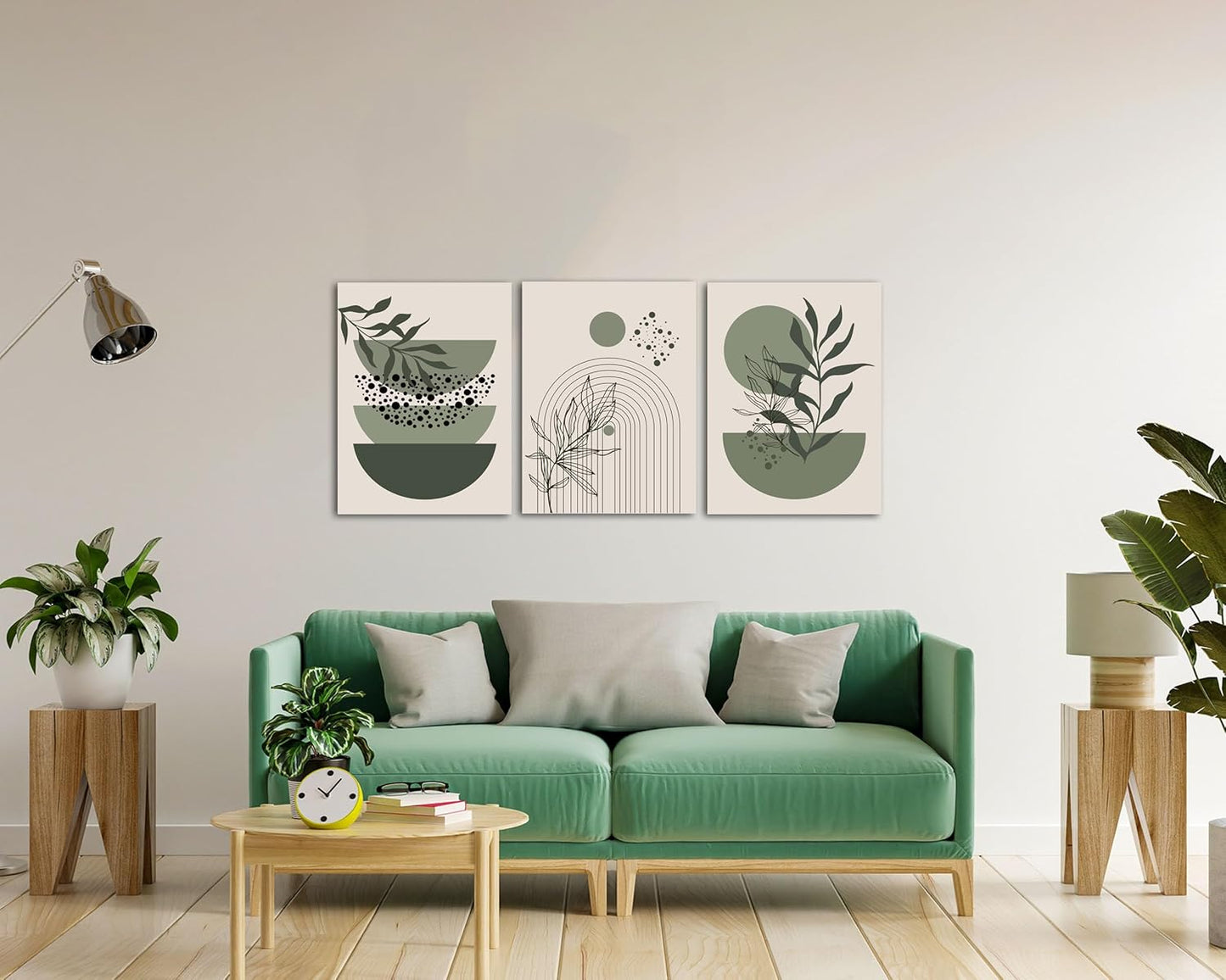Sage Green Boho Wall Art Set of 3 Abstract Minimalist Geometric Line Poster Green Botanical Leaf Canvas Prints Modern Artwork Painting Decor for Living Room Bedroom Office 16x24 in Framed