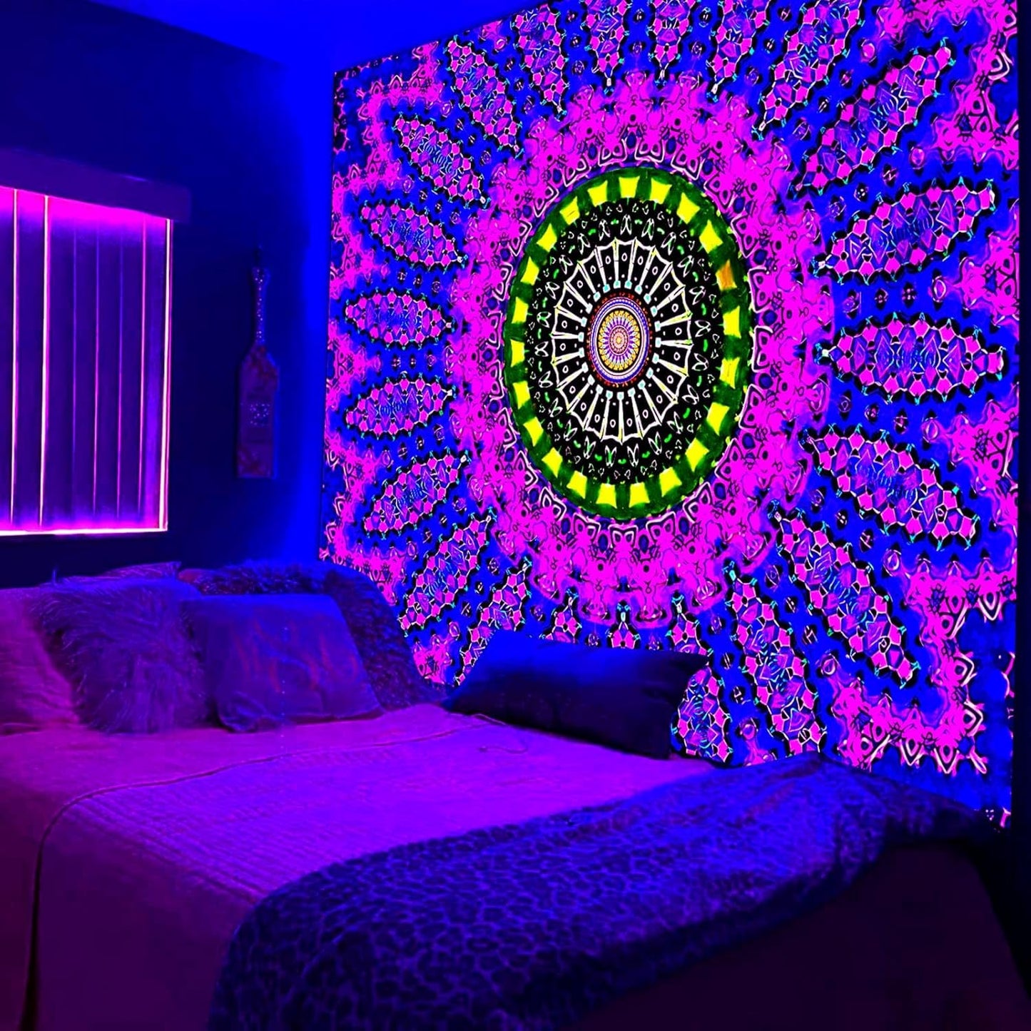 PSYHILAR Blacklight Mandala Tapestry for Bedroom, Large Black Light Posters for Adults and Teens, Red UV Reactive Aesthetic Bohemian Wall Art Decor (80 x 60 Inches)