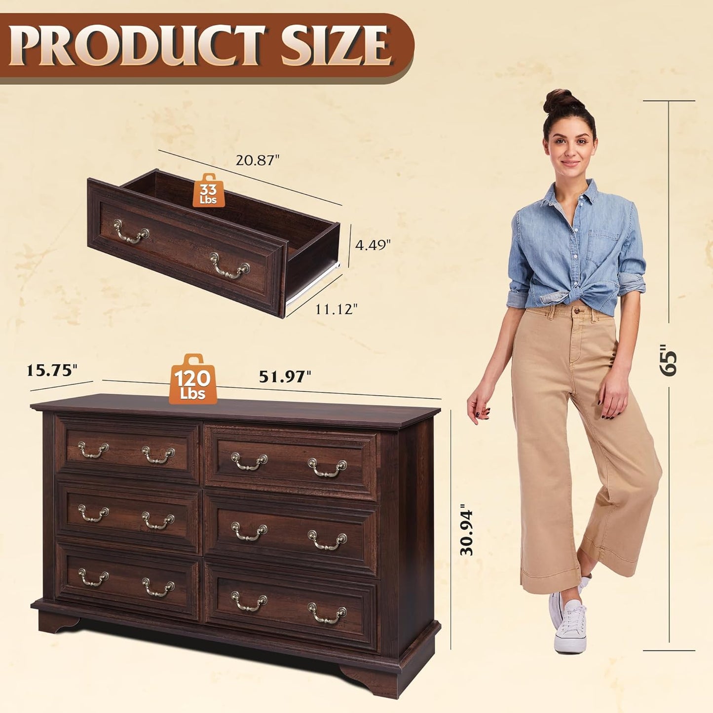 WLIVE Wood Dresser for Bedroom with 6 Drawer, 51.97'' Wide, Farmhouse Long Storage Dresser Organizer with Roman Metal Handle, TV Stand for 60 inch TV, Chest of Drawers for Living Room, Hallway, Brown