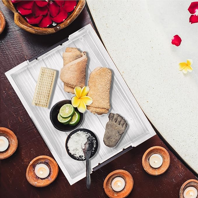 Ottoman Tray | Wooden Serving Tray with Handles & Coasters - 17x13 Inch, Rustic, White, Solid, Rectangular, Vintage, Lightweight