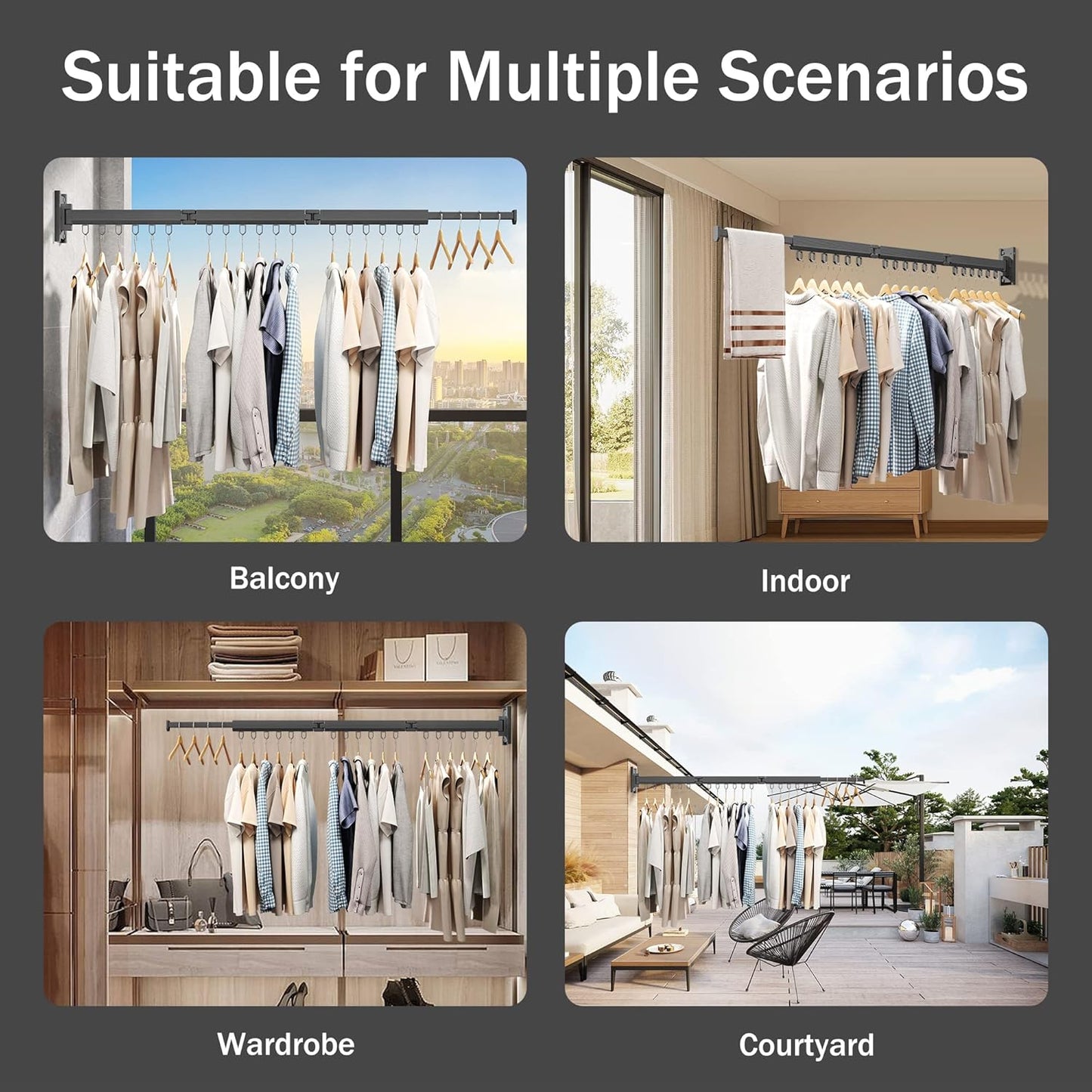 Wall Mounted Clothes Drying Rack - Foldable, Retractable Laundry Hanger with Grey-Rings