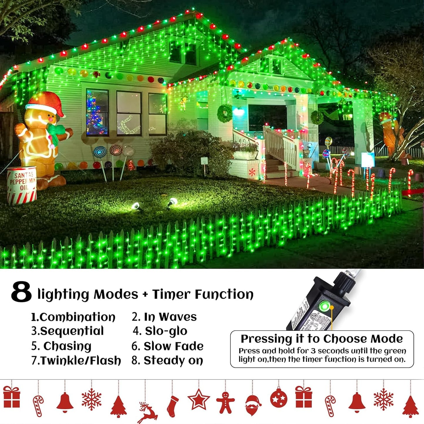 33ft Icicle Lights for Outside, Green Christmas Lights Outdoor Waterproof, 400 LED Twinkle Tree With 75 Drops Clear Wire Short Curtain for House, Room, Home Wall Indoor Decorations