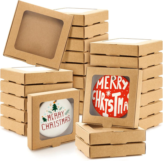 25 Pcs Sublimation Ornament Blanks Box 3.6"x3.6"x0.7" Christmas Ornaments Holder Ceramic Discs Packaging Box with Window for Personalized Xmas Tree Blanks Bulk (Kraft Paper)