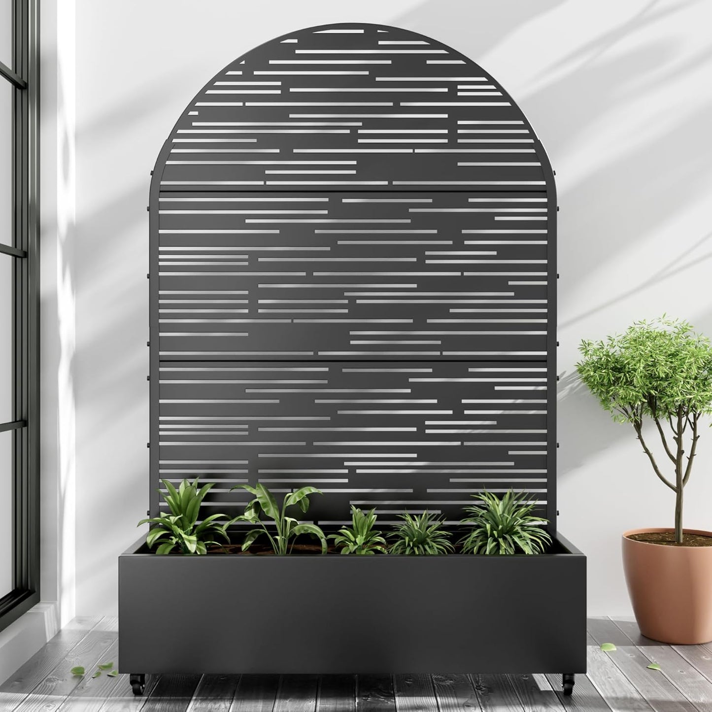 Casaphoria Metal Raised Garden Bed with Trellis and Wheels, 72"x47"x16" Arched Planter Box for Climbing Plants, Vegetables & Vines, Features Drainage Holes and Privacy Screen (Black-Shine)