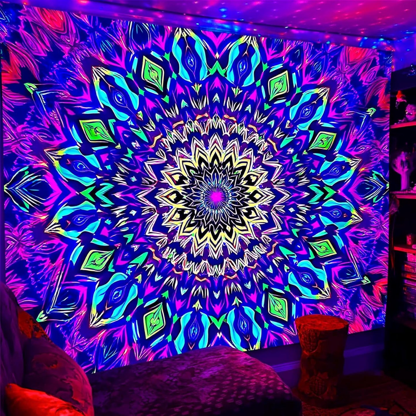 Blacklight Mandala Tapestry for Bedroom, XL Black Light Posters for Adults and Teens, Colorful UV Reactive Aesthetic Bohemian Wall Art Decor (90 x 70 Inches)