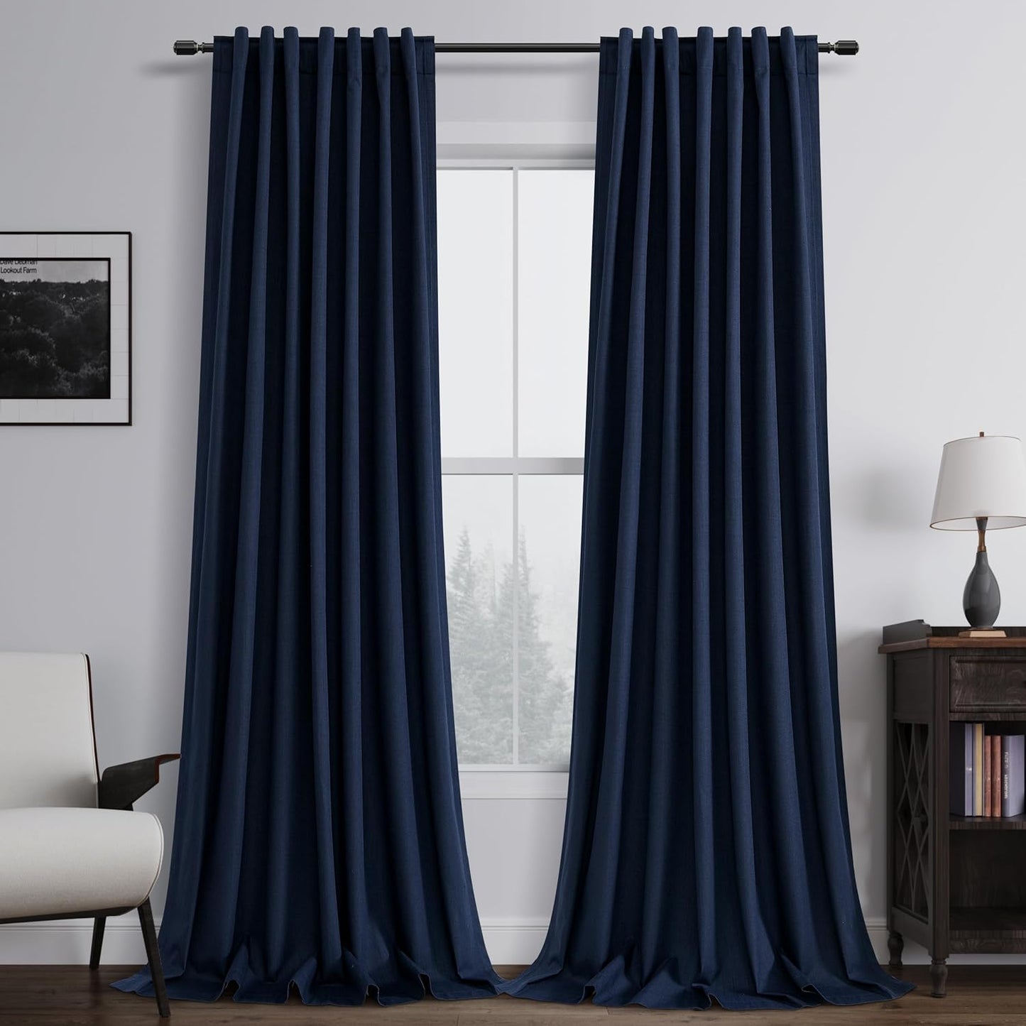 BOODII Room Darkening Curtains Navy Blue Black Out Curtains 96 Inches Long 2 Panels Back Tab Blackout Linen Curtain for Sliding Door Modern Farmhouse Living Room Window Drapes Soundproof 52x96