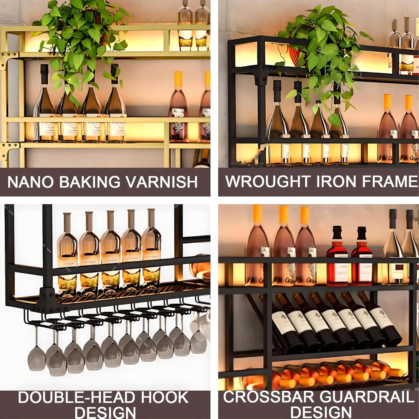 59in Wall Mounted Wine Rack, Wine Rack Wall Mounted With Wine Glass Rack, Metal Bar Bottle Display Shelf Wine Cups Hanging Holder, For Home Bar Cafe Dining Room Decoration (GOLD, 59*10*35.5inch)