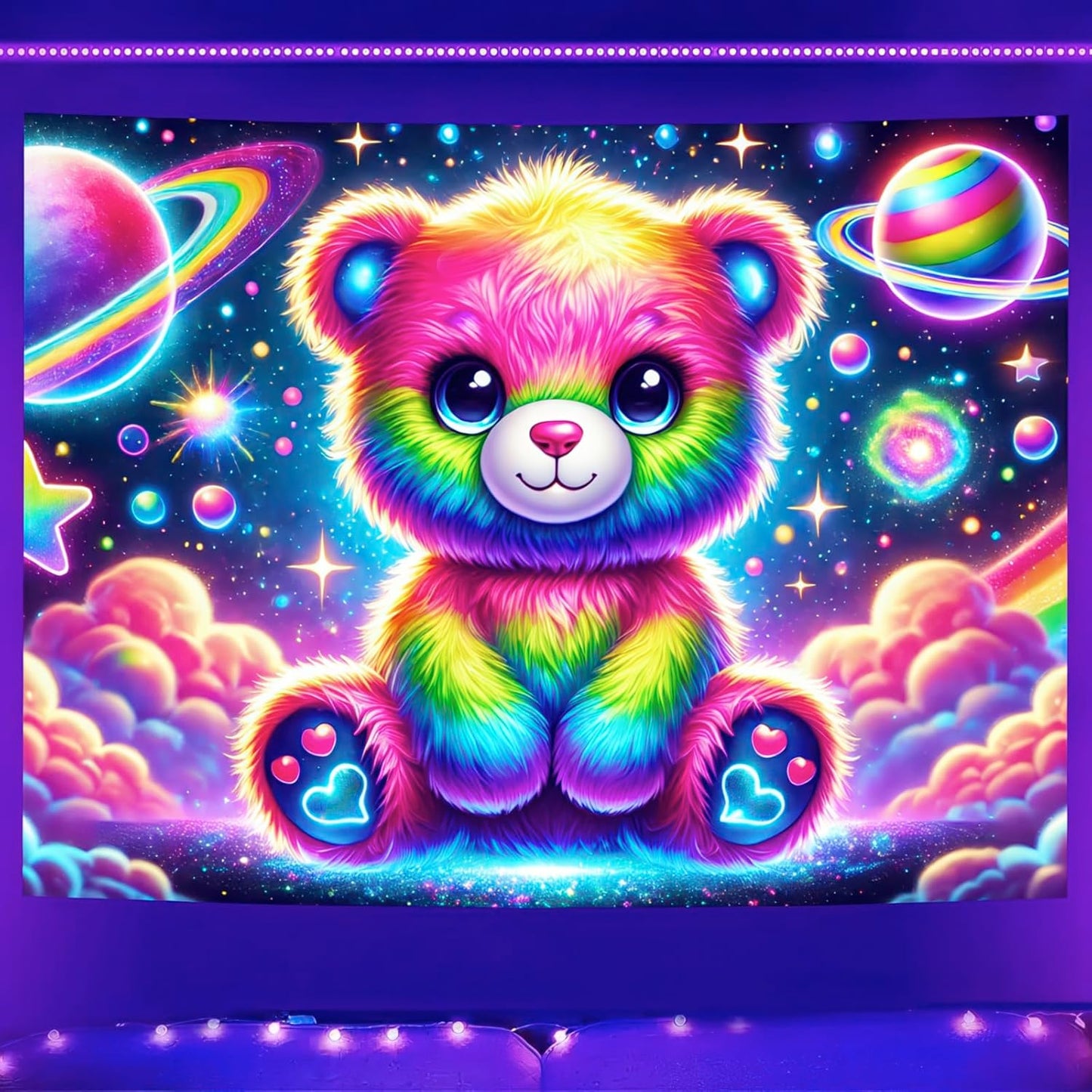 BlissYard Glowing Tapestry Blacklight Teddy Bear UV Reactive Rainbow Tapestry Neon Glow In the Dark Wall Hanging Decoration Kids’Bedroom Living Room Party Backdrop 59X78 inch Photo Shoot Props
