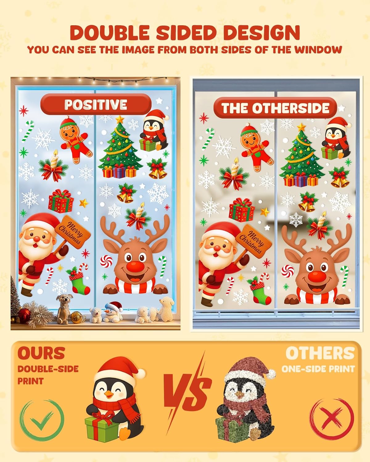 Christmas Window Clings - 9 Sheets 162 Pcs Cute Xmas Decorations for Winter Holiday Home Party Santa Reindeer Snowman Gingerbread Snowflake Stickers for Glass Double-Sided Static Window Decals