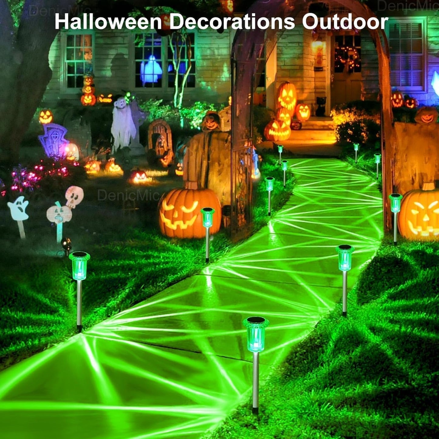 DenicMic Halloween Solar Lights Outdoor 10 Pack Green LED Waterproof Yard Garden Patio Backyard Pathway Walkway Landscape Lawn Outside Halloween Decorations Outdoor