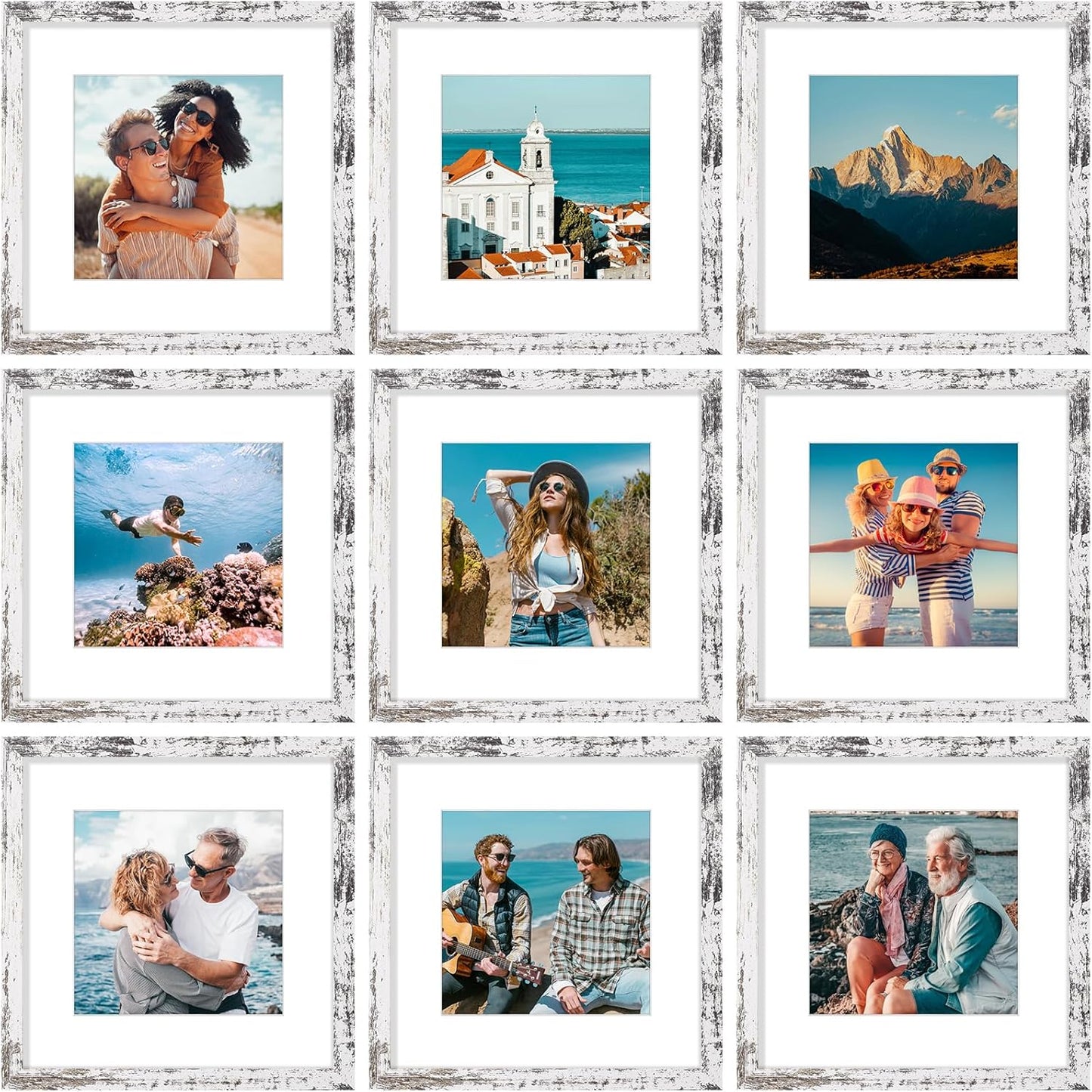 Vittanly 12x12 Picture Frames Set of 9, Shatter Resistant Plexiglass, Display 8x8 Pictures with Mat or 12x12 without Mat, Photo Frames for Wall Mount, Engineered Wood, Distressed White