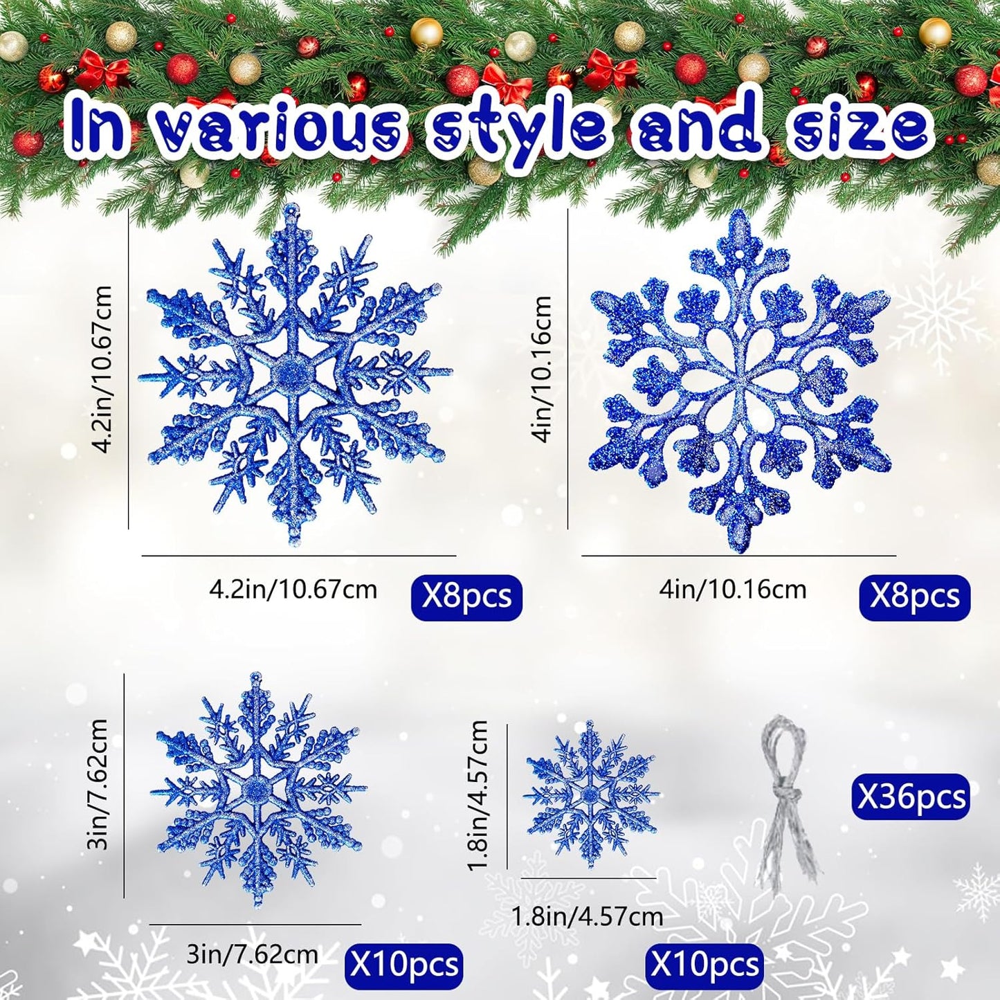 Christmas Tree Decorations Snowflake Ornaments 36Pcs Blue Silver Glitter Plastic Hanging Snowflakes from Ceiling Snow Flakes Decorating Hanging for Winter Wonderland Decorations Indoor Outdoor Decor
