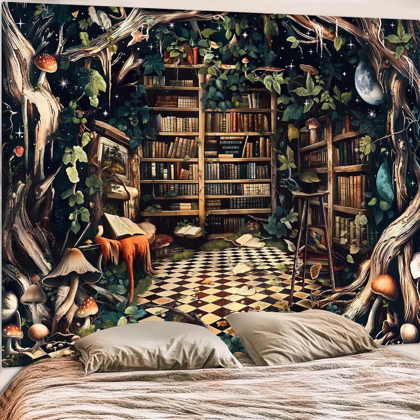 Accnicc Fantasy Forest Bookshelf Tapestry Witchy Fairy Tree Mushroom Retro Backdrop Tapestries Wall Hanging Vintage Library Book Tapestry for Bedroom Living Room Dorm 80 x 60 inch