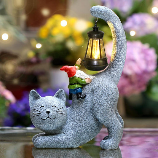 Snowrabbit Cat Statue Garden Decor with Funny Gnome Figurine & Solar Lantern, Motherday Gifts for Mom,Birthday Gift for Women,Cat Statues for Garden,Patio,Yard Decoration, Gray, SR-C-003