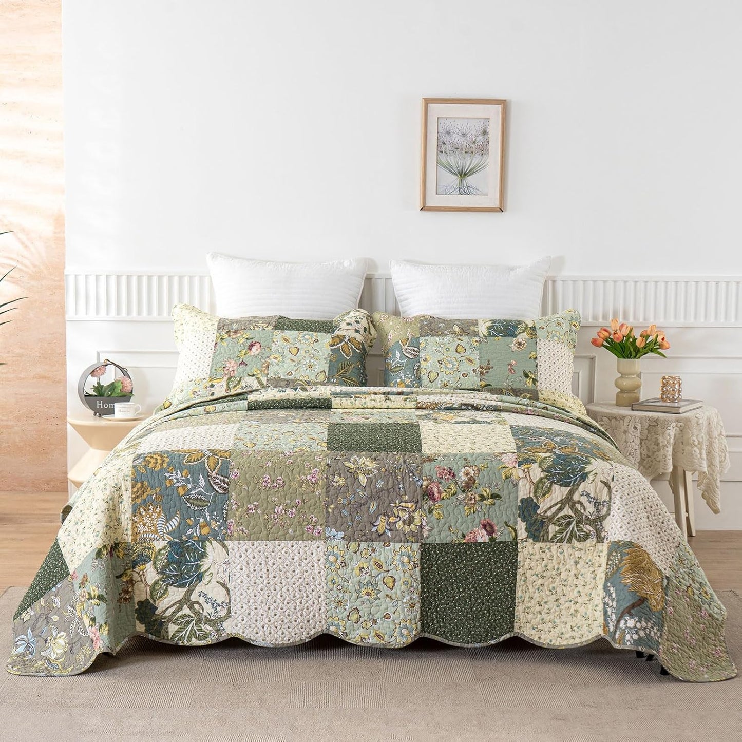 YAYIDAY Quilts Queen Size Patchwork Bedspread Set - 100% Cotton Reversible Breathable Floral Quilted Quilt with Pillow Shams Fit All Season