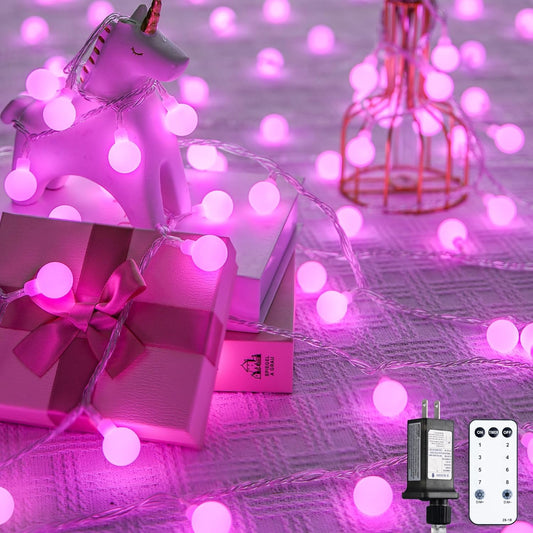 JMEXSUSS 100 LED Pink String Lights Indoor, Connectable Globe String Lights Plug in, 8 Modes 33ft Pink Christmas Fairy Light with Remote for Bedroom Girl's Room Dorm Anniversary Party Decor