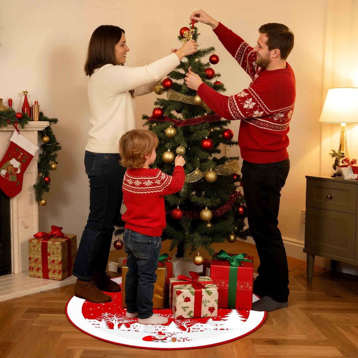 Christmas Tree Skirt 48 Inches Red Xmas Soft Cover Mat Decor Retro Xmas Tree Skirt for New Year Holiday Ornaments Indoor Outdoor Decorations (Merry Chrismas)