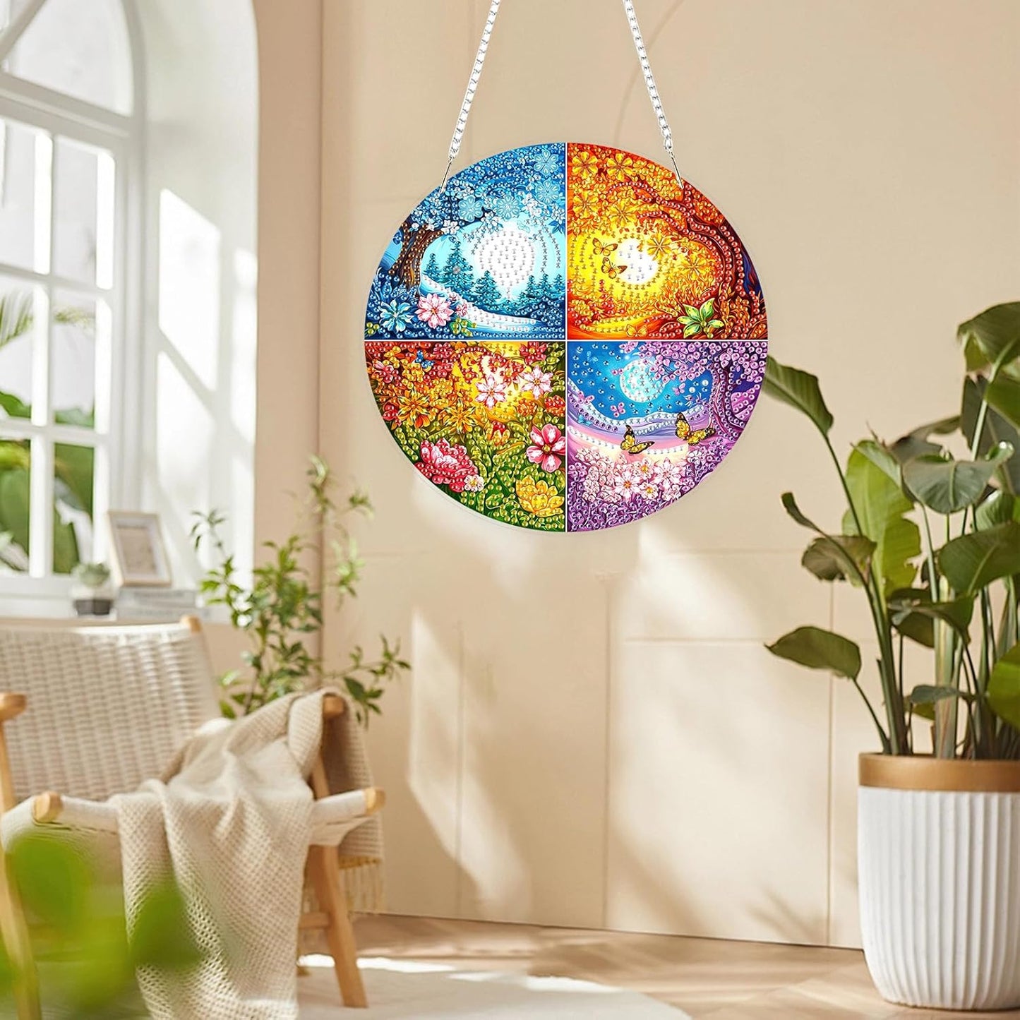 Lxmsja DIY Four Seasons Diamond Painting Hanging Ornament, Double-Sided Acrylic Landscape Diamond Art Kit, Special Shaped Drill Pendant Window Art Kit, Suncatcher Hanging Craft Decoration 8x8 inch