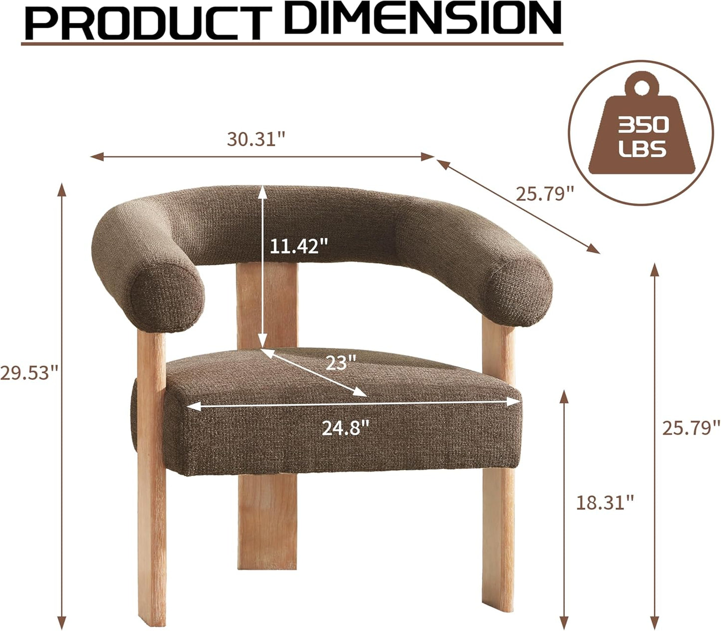 VKNOW Accent Chair Living Room Chair Set of 2, Modern Upholstered Armchair with Solid Wood Legs, Comfy Barrel Arm Chairs for Living Room Bedroom, Brown