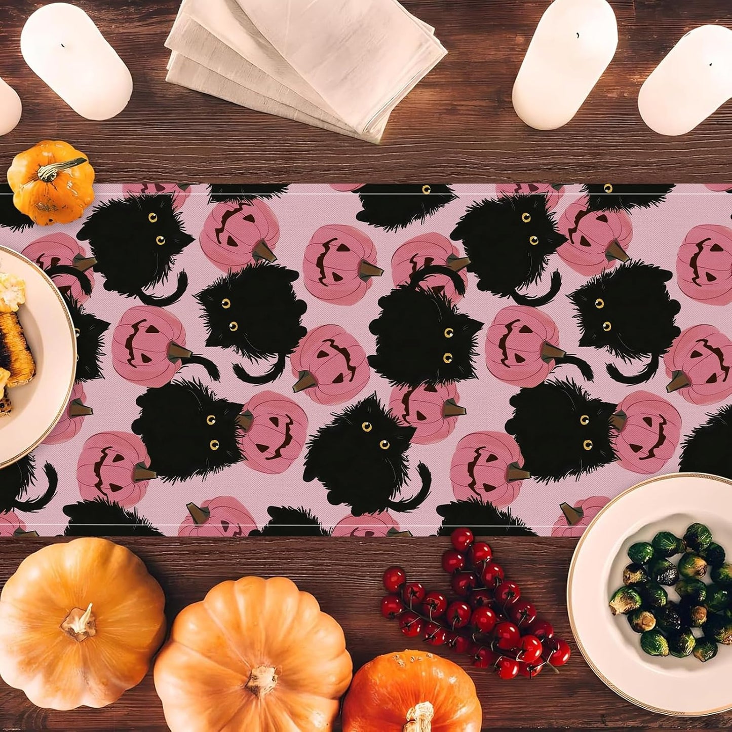Halloween Table Runner Pink Halloween Decor Black Cat Pumpkins Seasonal Kitchen Dining Table Home Party Decorations 13x72 Inch