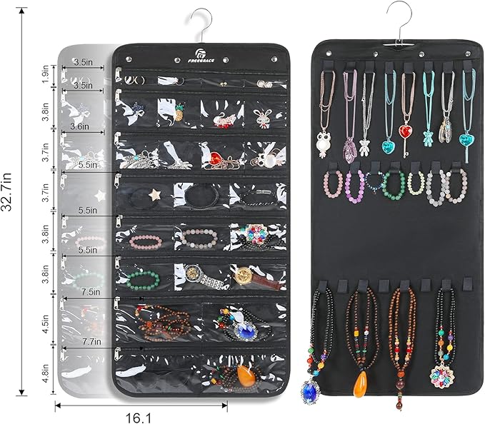 Freegrace Hanging Jewelry Organizer Revolving Hanger - Secure Zipper Closure - 25 Pockets,23 Hooks - Foldable Storage & Display Solution - for All Jewelry & Bijoux (Black)