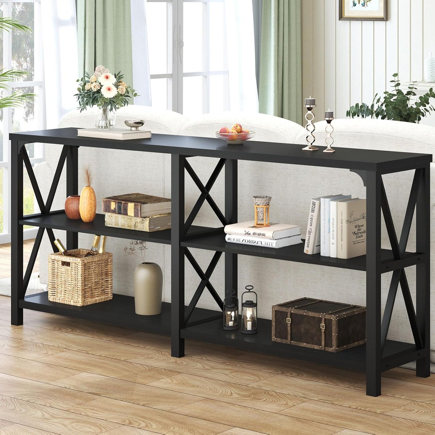 LVB Industrial Entryway Table, Farmhouse Rustic Console Tables Behind Couch, Long Metal Wooden Sofa Table with Storage Shelf, Modern Foyer Hallway Table for Living Room Bedroom, Black Oak, 63 in