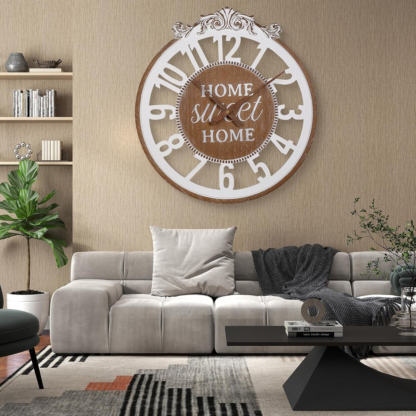 Wall Clock Large- Farmhouse Wall Clock 24 Inch Decorative Engraved Numerals Rustic Wooden Wall Clocks, Big Wall Watch Silent Battery Operated for Kitchen Bedroom Living Room Fireplace Mantel
